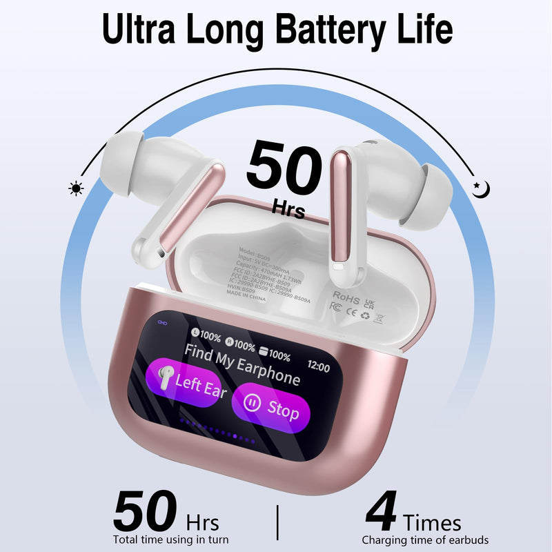 Wireless Earbuds, Bluetooth 5.4 Headphones with Multifunctional Touch Screen, 48H Bass Stereo Ear Buds with ANC/ENC Noise Cancelling/Transparency Mode,IPX7 Earphones with 5 EQ Modes,Rose Gold Rose Gold