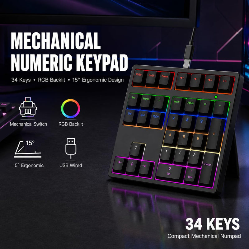 Diyeeni Mechanical Numeric Keypad, 34 Keys Black | Mechanical USB Wired Numpad, RGB Backlit, 15° tilt Ergonomic Number Pad, for Laptop Desktop Computer PC
