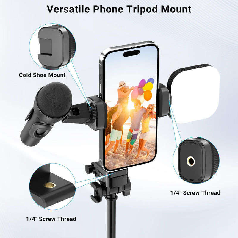 Phone Tripod Mount with Cold Shoe, 360° Rotation & 180° TiltTilting Cell Phone Clamp Adapter for Smartphone, Compatible with iPhone 17 16 15 Samsung S25, Selfie Stick, Camera Stand.