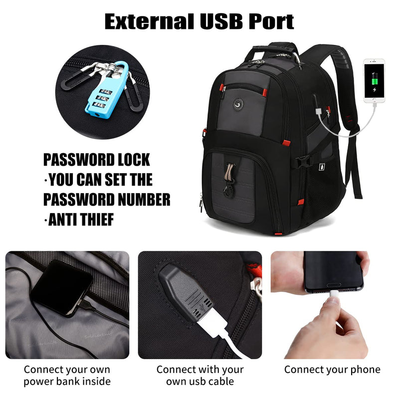 SHRRADOO Extra Large 52L Travel Laptop Backpack with USB Charging Port, College Backpack Airline Approved Business Work Bag Fits 17 Inch Computer for Men Women Grey Travel Backpacks