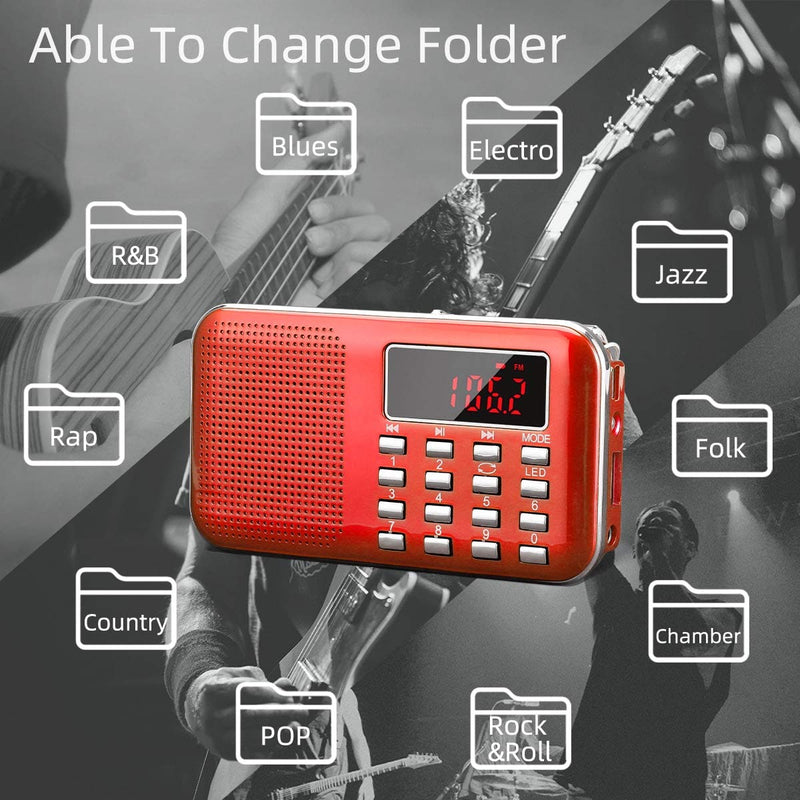 [AUSTRALIA] - PRUNUS Mini Portable Radio AM FM Pocket Radio with MP3, LED Flashlight, Digital Radios Speaker Support Micro SD/TF Card/USB, Auto Scan Save, 1200mAh Rechargeable Battery Operated[Latest Version] Red 
