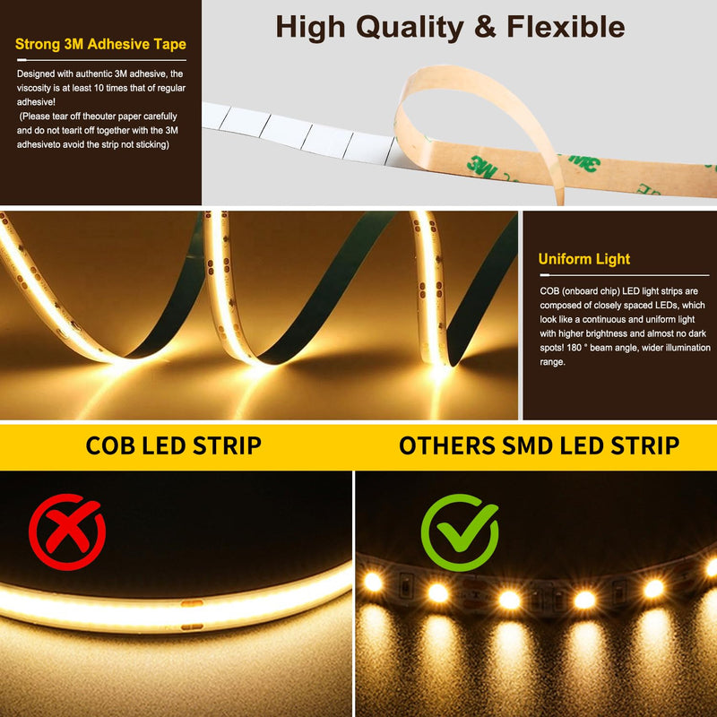Pandery COB LED Strip Light,CCT Dimmable Strips Light,2700K-6500K,9.84ft/3m,8mm Wide,CRI90+ 24V LED Strips Kit with Bluetooth APP Control/Music Mode,for Bedroom,Kitchen,DIY Lighting 576CCT 9.84FT