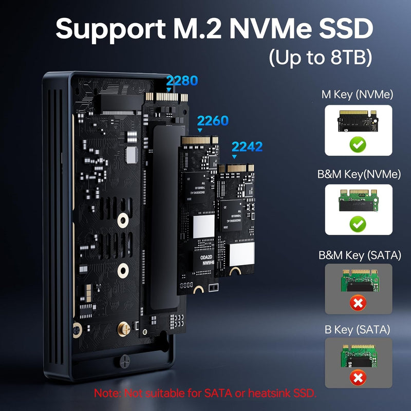 MOKiN 40Gbps M.2 NVMe SSD Enclosure, Thunderbolt for M1 Pro/Max Mac | Aluminum case with cooling fan M.2 External Adapter for Thunderbolt 3/4 USB4 supports M/B+M Key size 2280/2260/2242 Slate gray