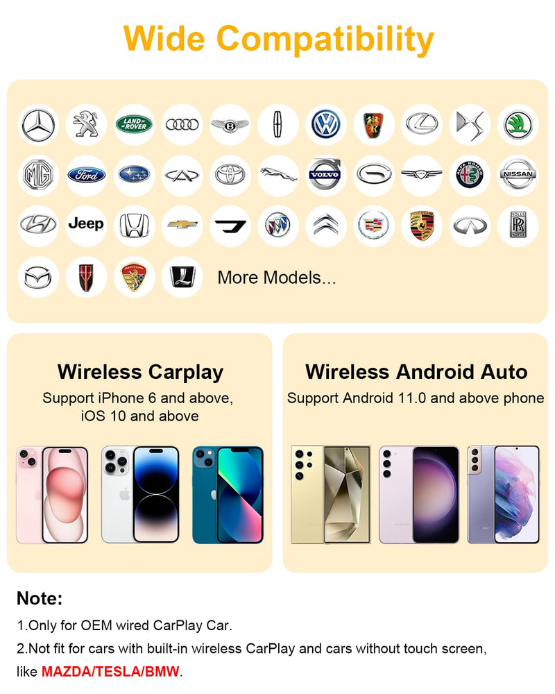 5-in-1 Android Auto Wireless Adapter and Apple CarPlay Adapter, Wireless Carplay Adapter with Netflix YouTube TF Card, Magic Ai Box for OEM Wired iPhone Car Play Cars, Plug & Play, Easy Setup Obsidian