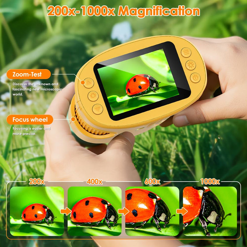 Temodu Kids Microscope 2.0" Screen 1000X Digital Microscope for Kids, Mini Pocket Handheld Microscopes for Children Birthday Festival Gift, Science Education Fun Toys for Boys Girls Ages 4-12 (Yellow) Yellow