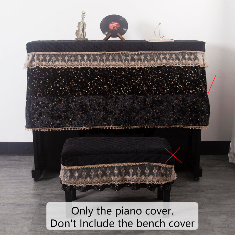 Luxury Velvet Piano Cover for Upright Pianos, Black with Gold Stars and Lace Trim, Quilted Top