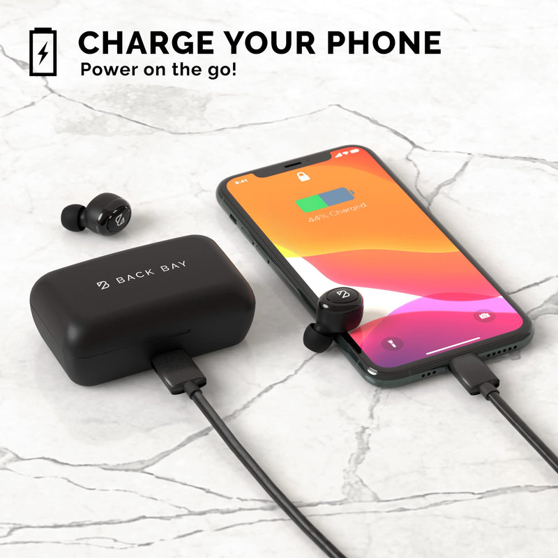 Back Bay Audio Sweatproof Wireless Bluetooth Earbuds,130 Hour Battery Life | Wireless Earbdus for iPhone, Android, Mini Charging Case, TWS Headphones with Microphone, Gift for Runners Duet 50 Pro Black