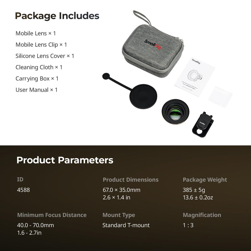 [AUSTRALIA] - SMALLRIG 75mm HD Master Macro Lens, T-Mount Lens for iPhone, for Samsung, for Huawei, for Xiaomi, Macro Photography Phone Camera Lens Attachment - 4588 