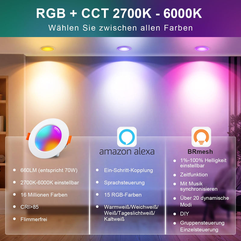[AUSTRALIA] - VARICART LED Recessed Spotlight 230 V RGB Alexa, Smart LED Spot Flat Bluetooth 7 W 2700 K-6000 K, Recessed Spotlights, Dimmable, Colourful, Set of 6, IP44 68 mm Recessed Lights, App Control, Colours 7W Ø68-85mm Lochmass 