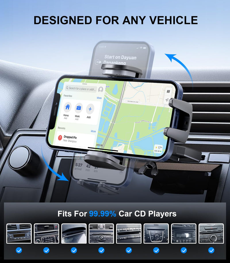 CD Phone Holder for Car, Stable CD Slot Mount for Thick Cases, 360° Viewing | Fits most 4–7-inch smartphones and GPS devices, including iPhone, Samsung Galaxy, Google Pixel, Motorola, Huawei, LG and more Black