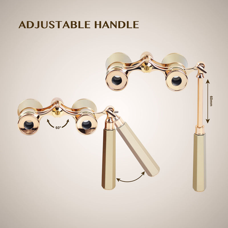 Yourelexit® Opera Glasses Binoculars 3X25 Lorgnette Theater Glasses Optical BK9 Mini Compact Lightweight Built-in Foldable Adjustable Handle Vintage for Adults Women Men in Musical Concert Cinema Gold With Handle and Neck Chain