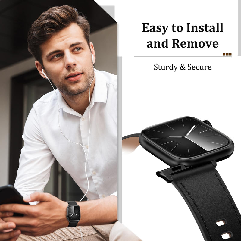 Compatible with Apple Watch Bands 42mm (Series 10) 41mm 40mm 38mm for Men Women, Top Grain Genuine Leather Band Strap Wristband for iWatch, Black/Black+Black/Titanium