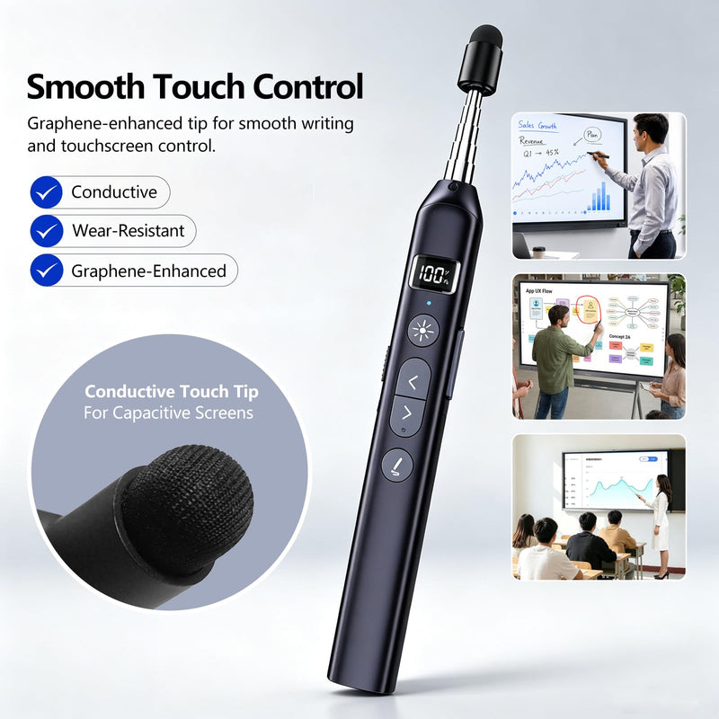 N21 Bluetooth Presentation Clicker for PowerPoint with Retractable Pointer | ①Laser Pointer②Telescopic touch pen③Countdown timer, vibration alert ④Customizable Button ⑤Rechargeable;battery level display Black - Green Pointer