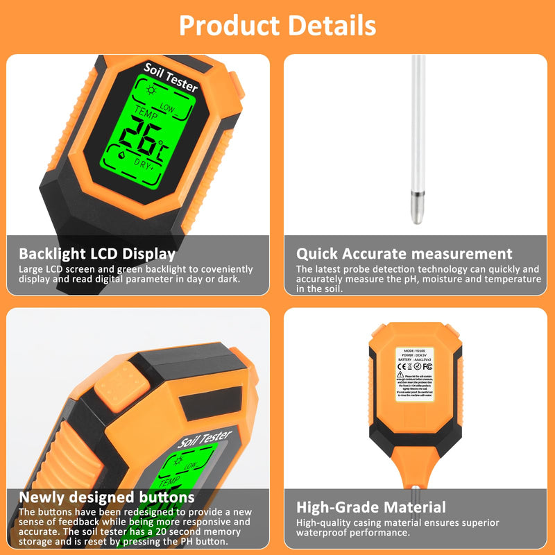 [AUSTRALIA] - 4-in-1 Soil Moisture Meter Digital PH Meter/Soil Moisture/Plant Temperature/Sunlight Intensity, Backlight LCD Display, Soil Test Meter for Garden, Lawn, Plant Care, Farm and Indoor Outdoor Plants 