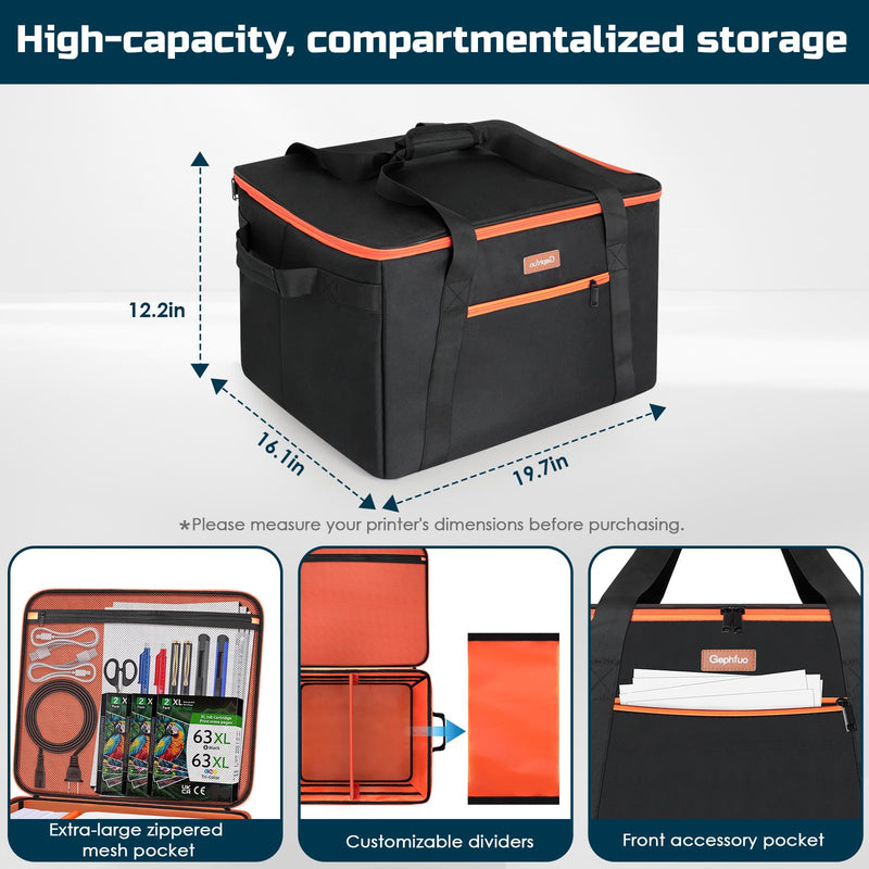 Padded Printer Carrying Case,Heavy Duty Water Resistant 600D Exterior | Thick Padding & Multiple Pockets for Event Printers, Accessories & Cords Jet Black