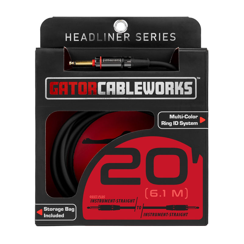 by Gator Cases Headliner Series Premium 20 Ft Straight to Straight Guitar Instrument Cable with Quiet Switch Technology (GCWH-INS-20QT) 20 Feet Quiet - Straight
