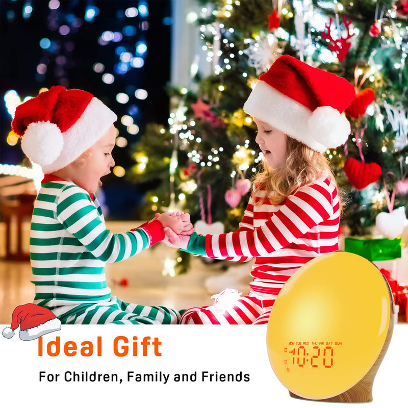 Wake Up Light Sunrise Alarm Clock for Kids, Heavy Sleepers, Bedroom, Full Screen with Sunrise/Sunset Simulation, Fall Asleep, Dual Alarms, FM Radio, Colorful Nihgt Lights, Natural Sounds, Wood Grain