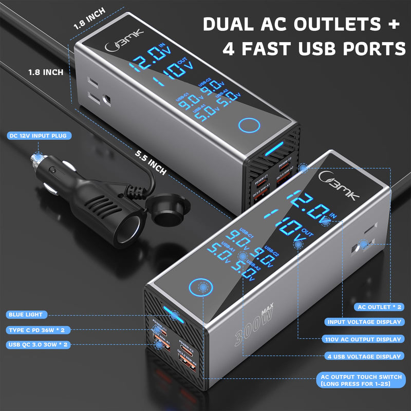 300W Car Power Inverter 12V DC to 110V AC Outlet Adapter 4 Fast USB Ports with PD 36W QC3.0 LCD Voltage Display Stackable Design for Laptop CPAP Road Trip Essentials Gray with black