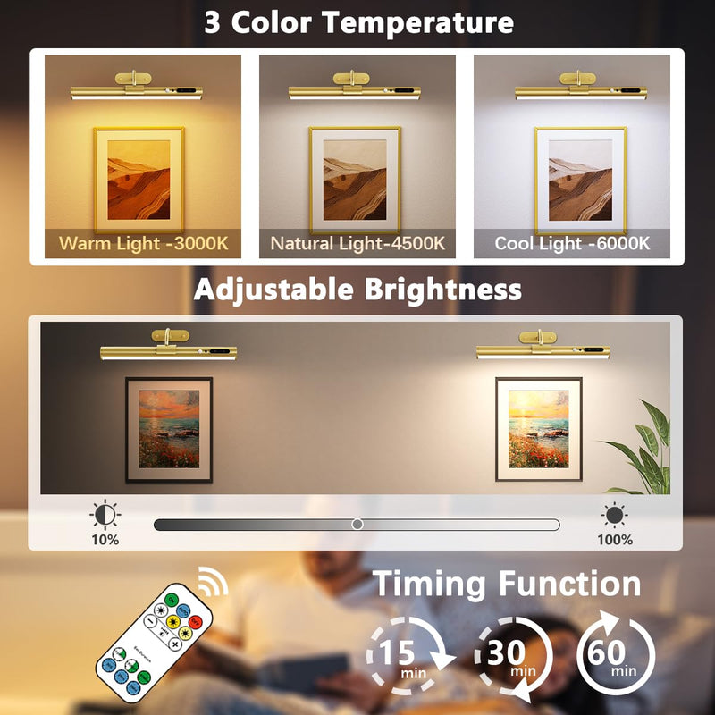 [AUSTRALIA] - Hapfish Motion Sensor Battery Operated Wall Sconce, Wireless Picture Lights for Wall, Rechargeable Magnetic Art Lighting with Remote Control, Battery Picture Light for Poster Dartboard Mirror – Gold Motion Sensor Gold 