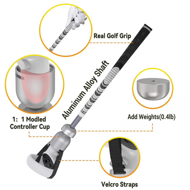 Weighted VR Golf Club Attachment for Meta/Oculus Quest 2 | Aluminum Quest 2 Golf Club Handle with Realistic Grip, Two Straps Included, Silver