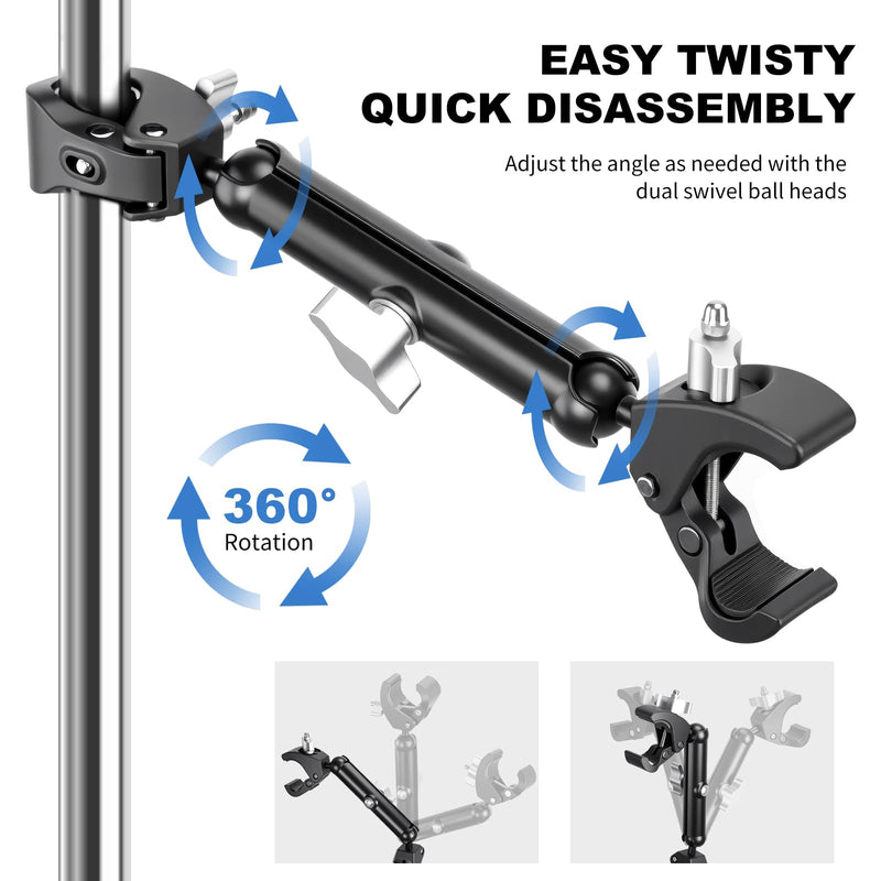 Double Super Clamp Camera/Umbrella Mount,360° Magic Long Arm Pole Clamp,Double Ball Head Adapter for Photo Studio Light Stand,Gopro,Golf Carts,Motorcycle,Cross Bars,Strollers (Black) Black