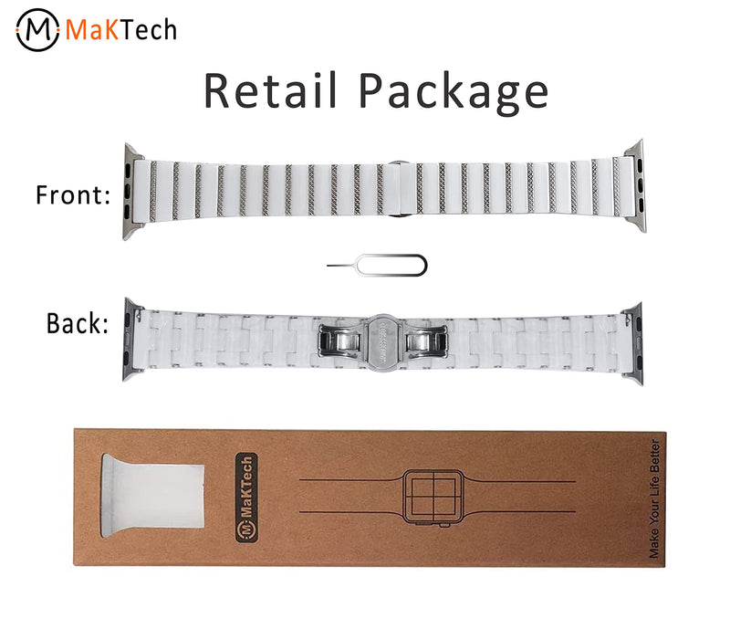 Ceramic Band for Apple Watch 42mm/41mm, Metal Inlay Bracelet, White/Silver | MaKTech 316L Stainless Steel Clasp, Diamond-Shaped Metal Strip, for Apple Watch Series 11/10 42mm, 9/8/7 41mm, SE 3/2/1 40mm 42mm/41mm/40mm