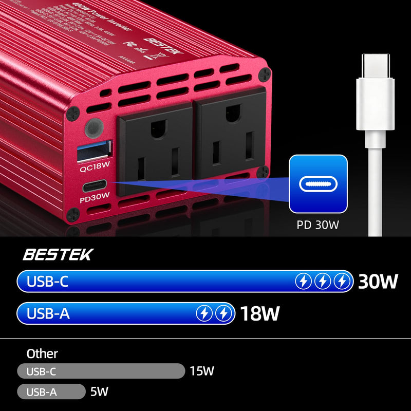 BESTEK 400W Car Power Inverter DC 12V to AC 110V Car Charger Plug Adapter | PD 30W USB-C & USB-A 3.0 Fast Charging, Car Charger Cigarette Lighter Adapter, Portable Outlet for Laptop, Road Trip, Camping Red