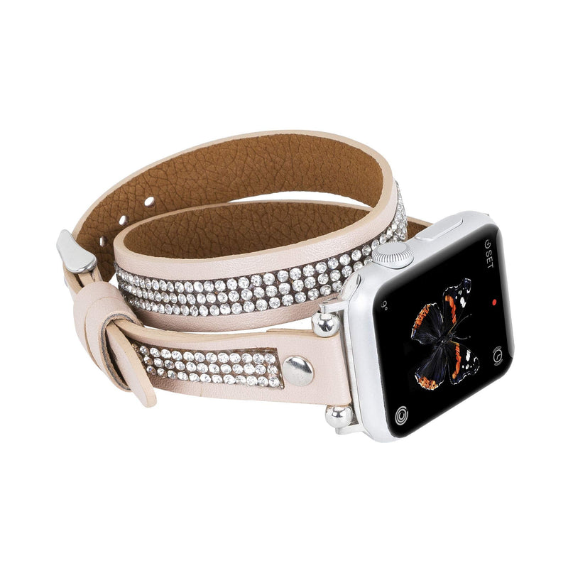 Venito Livorno Double Wrap Leather Slim Watch Band with Rhinestones Compatible with Apple Watch 42mm, 44mm, 45mm, 49 mm for Apple Watch Series 1, 2, 3, 4, 5, 6, 7, SE, 8, Ultra, Sport (Nude Pink w/Silver Connector & Clasp)