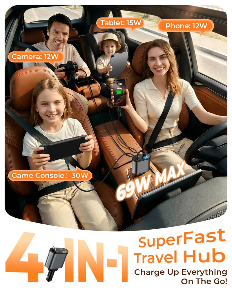 4 in 1 Retractable Car Charger, USB C Fast Charging Adapter, Black | Compatible with iPhone 17-8 and Samsung Galaxy; ideal gift for drives,cars,trucks,SUVs,road trips,rideshare,and family travel
