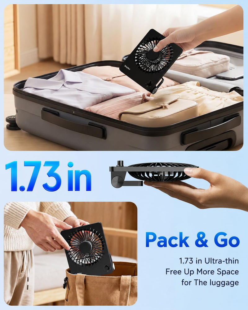 EasyAcc 10000mAh Travel Fan, Usb Desk Fan Portable, Up to 59Hour Runtime | 6"W x8“H, Ultra-Slim Design, Quiet Stepless Speed Control for Sleeping, Battery Powered Rechargeable Fan, Cruises Essential Black-6000 Battery