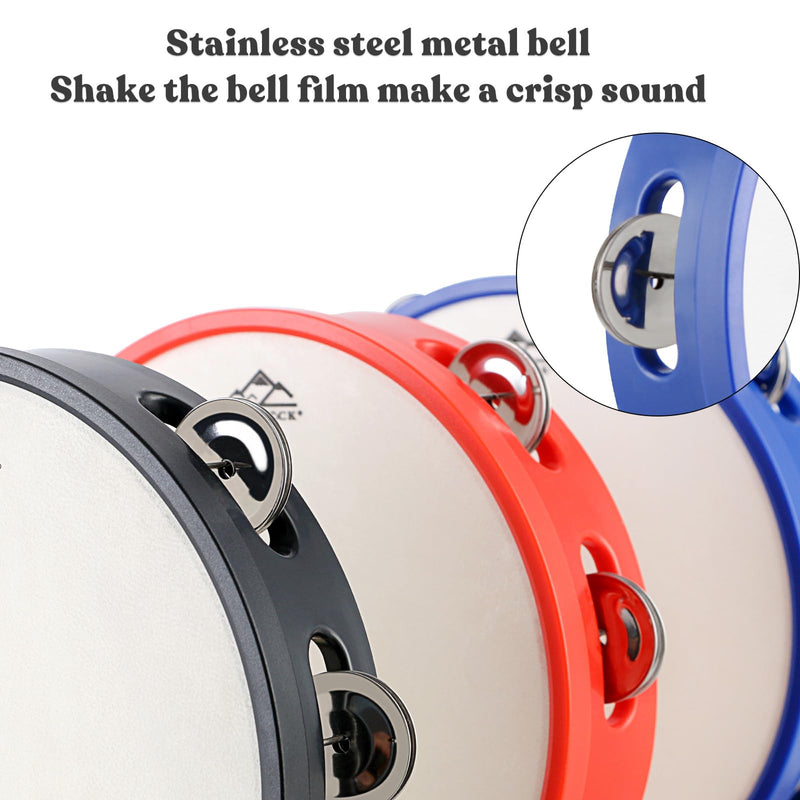 EASTROCK 8 inch Tambourine Hand Held Drum Bell Birch Metal Jingles Percussion Musical Jingles Bell Tambourine Musical Instrument for KTV Party Church 3 PCS Black、White、Blue