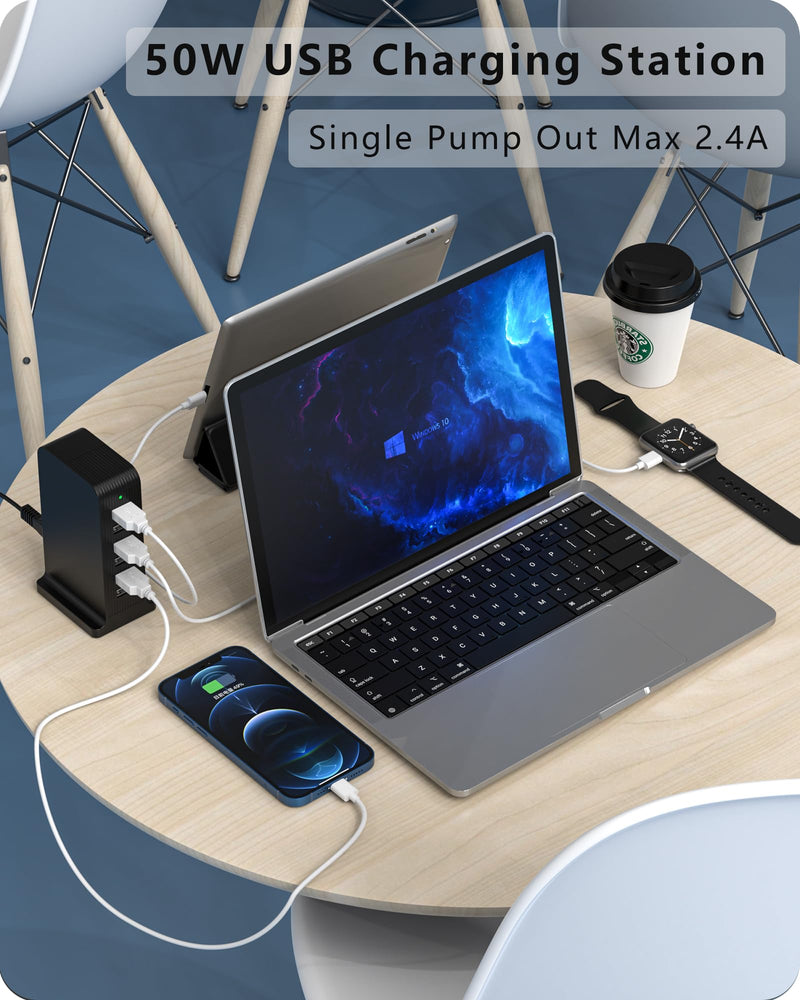 USB Charger 6 Port 50W Multi USB Tower Charging Station for Multiple Devices iPhone 15/14/14 Pro/14 Pro Max/13 Pro/13 Pro Max/Android/Samsung/Tablet,etc(Black USB) black 50W 6A