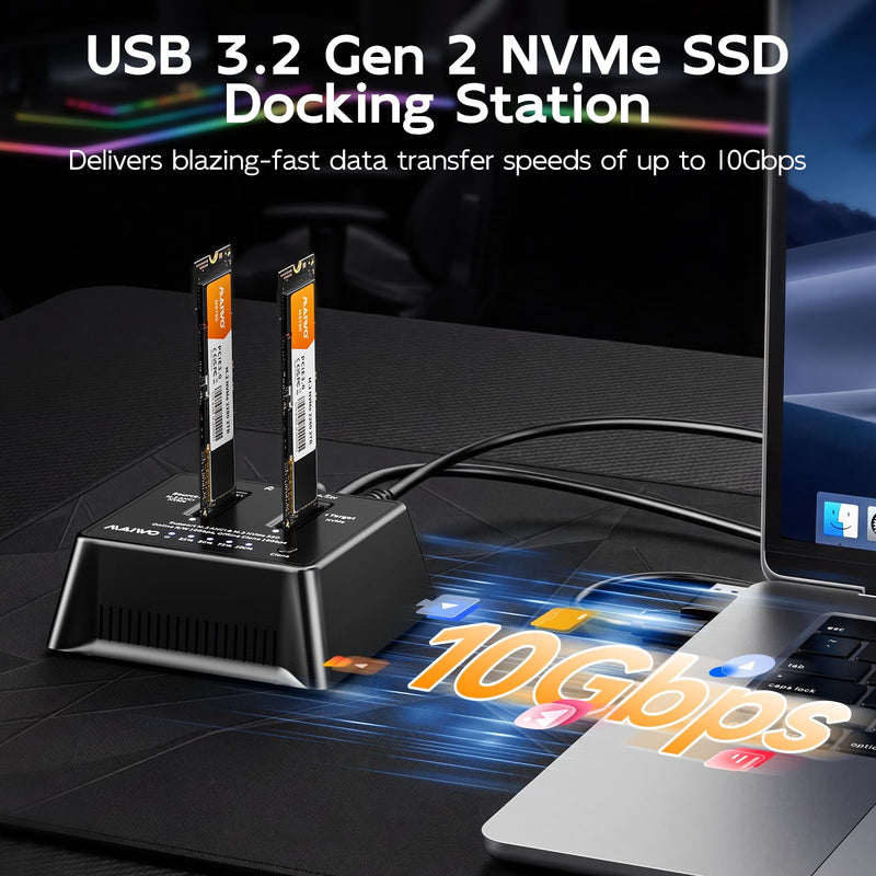 MAIWO Dual M.2 NVMe Cloner, 10Gbps USB 3.2 Gen 2 External SSD Docking Station for PC Laptop, Standalone Offline Duplicator Tool-Free for M-Key SSD 2230 2242 2260 2280 22110