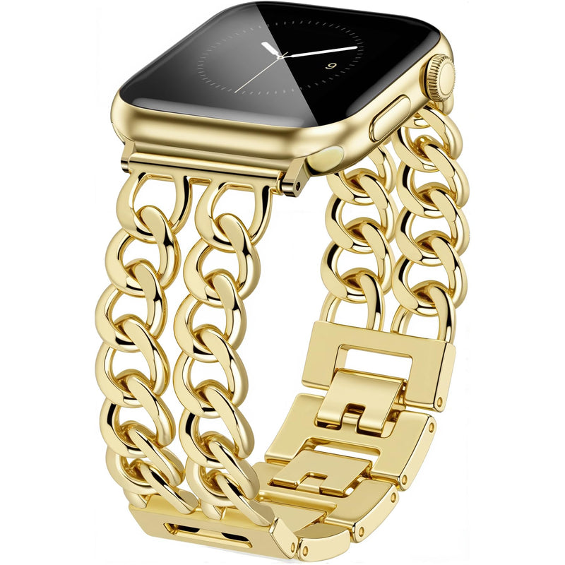 JR.DM Gold Double Chain Band Trangle Stainless Steel Watch Band Bundle Compatible with Apple Watch 38mm 40mm 41mm 42mm 44mm 46mm 45mm 49mm for iWatch Series 11/10/9/8/7/6/5/4/3/2/1/SE/Ultra