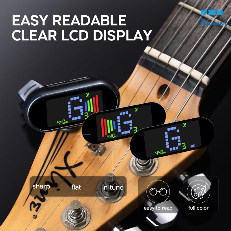 ENO MUSIC Rechargeable Clip-on Tuner for Guitar Bass Ukulele with Chromatic Mode