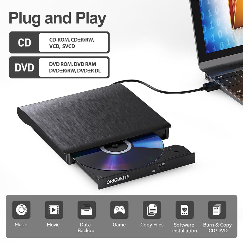 ORIGBELIE External CD/DVD Drive for Laptop, USB 3.0 CD ROM DVD +/-RW Burner | Portable External DVD Optical Disk Drive Player Reader Writer for Desktop PC Macbook iMac Mac Windows 11/10/8/7/XP Linux OS 5.6" x 5.8" x 0.7"