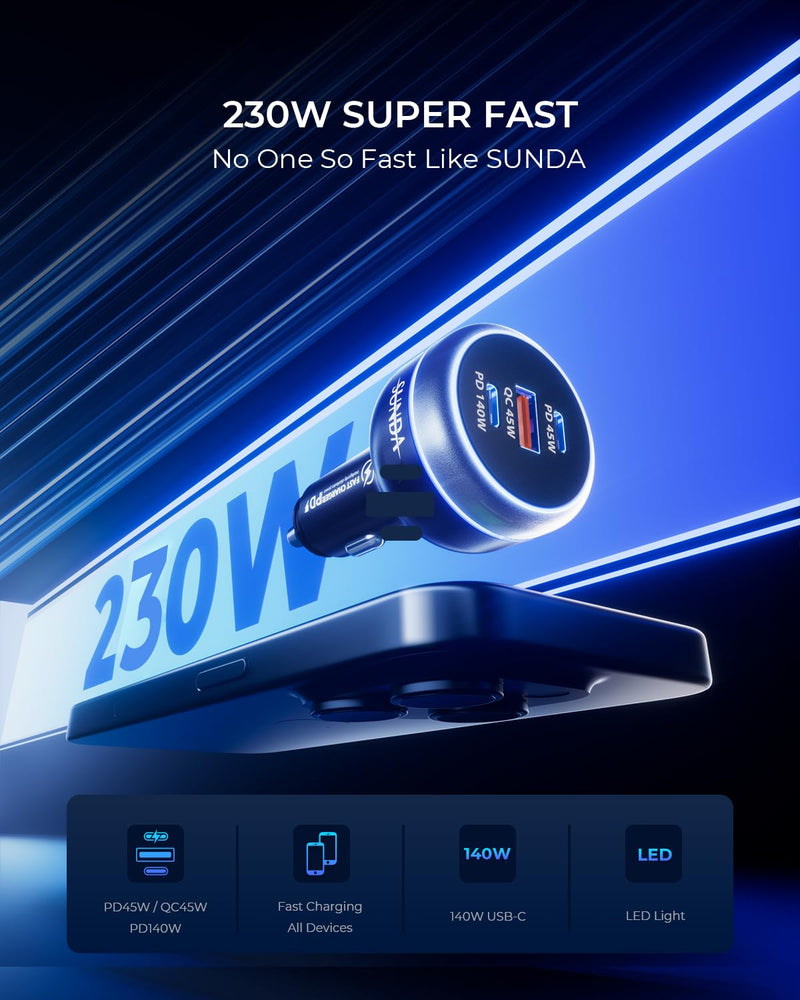 SUNDA 230W USB C Fast Car Charger, 3-Ports Mutiple Car Charger Adapter, Fast Charging PD140W/PPS63W/QC45W Compatible with iPhone17/16/15/MacBook/iPad/Laptop/SamsungS25, Cigarette Lighter USB Charger
