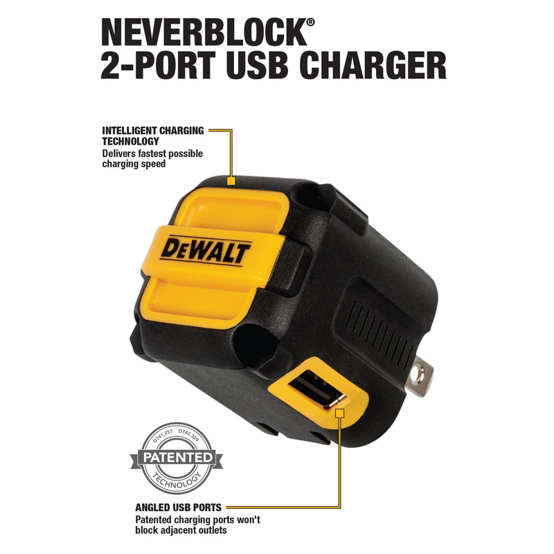 DEWALT Lightning to USB Cable — Reinforced Braided Cable for Lightning — 6 ft & 2-Port USB Wall Charger — NeverBlock Worksite Charger — Dual 5V 2.1A Power AC Adapter