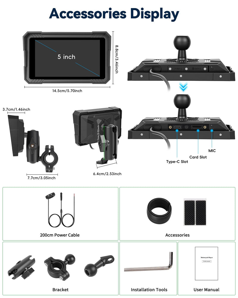 UNITOPSCI Motorcycle CarPlay Screen,5“ Waterproof Touchscreen, Portable Carplay/Android Auto GPS Navigation for Motorbike, Support Dual Bluetooth,S-IRI,G00gle Assistant with Digital Wired Controller 5'' with Digital Wired Controller