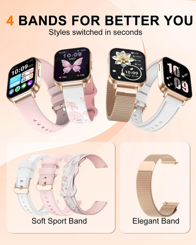 Smart Watch for Women, 1.85" HD Fitness Tracker with Bluetooth Call, 1000mAh Battery, 130+ Sports Modes, Heart Rate/Sleep Monitor, IP68 Waterproof with 4 Bands, Compatible with iOS/Android(Rose Gold) Rose Gold