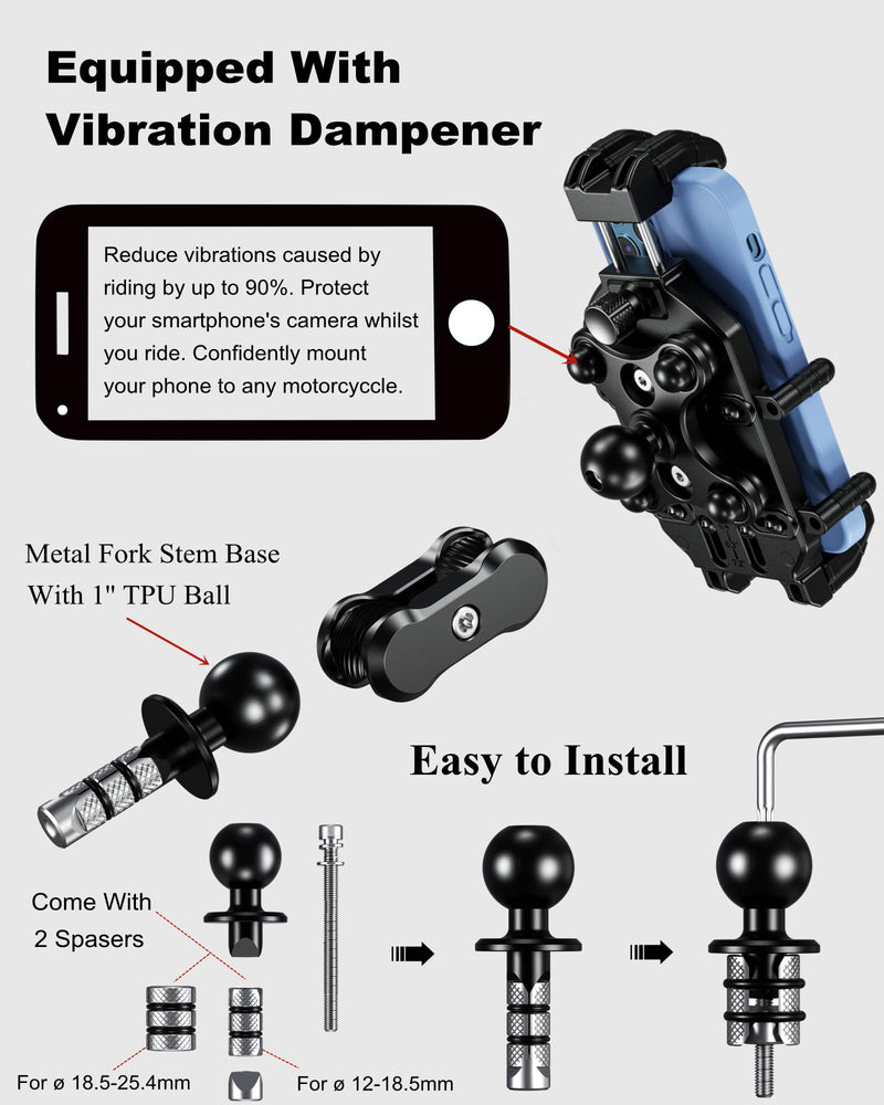 BRCOVAN Anti-Theft Motorcycle Fork Stem Phone Mount with Vibration Dampener | with High-Speed Secure Lock, Heavy Duty Phone Holder, Adjustable Size, Big Phone Friendly, Fit for 5.4 - 7.2'' Cellphone