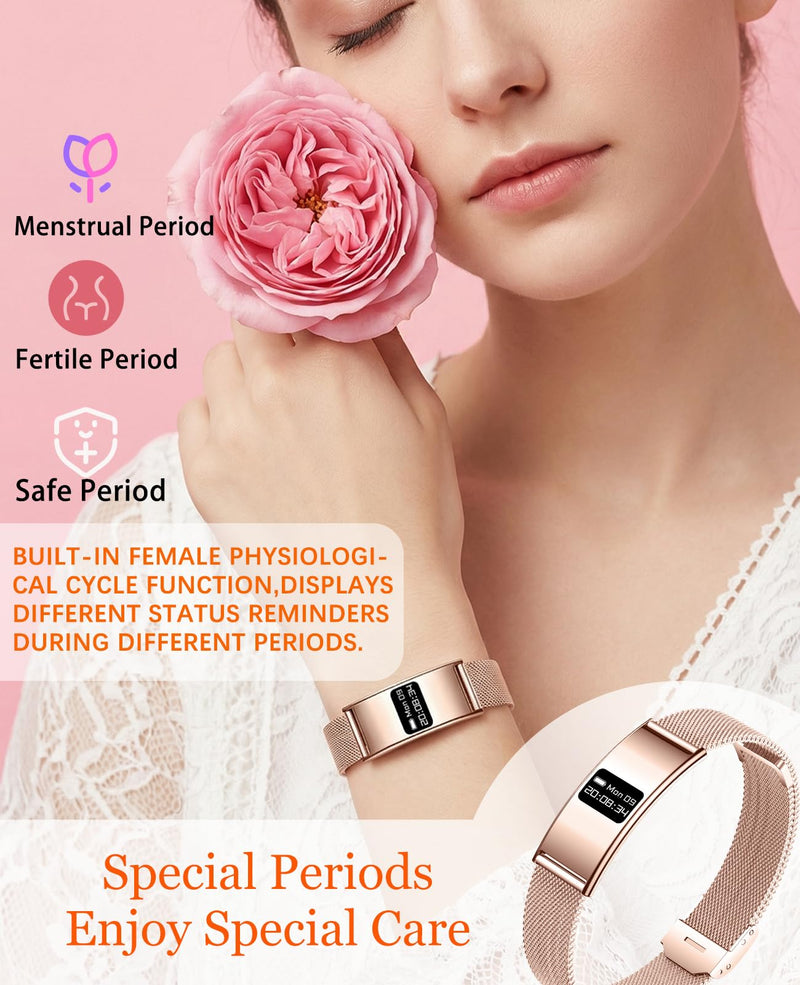 Smart Bracelet for Women Men Ultra-Thin Fitness Tracker for Android & iOS | Wearable Activity,100m Waterproof,24/7 Health Monitoring Heart Rate,Sleep Monitor,100+ Sports modes,30 Days Battery,3 Bands Rose Gold Mesh Strap