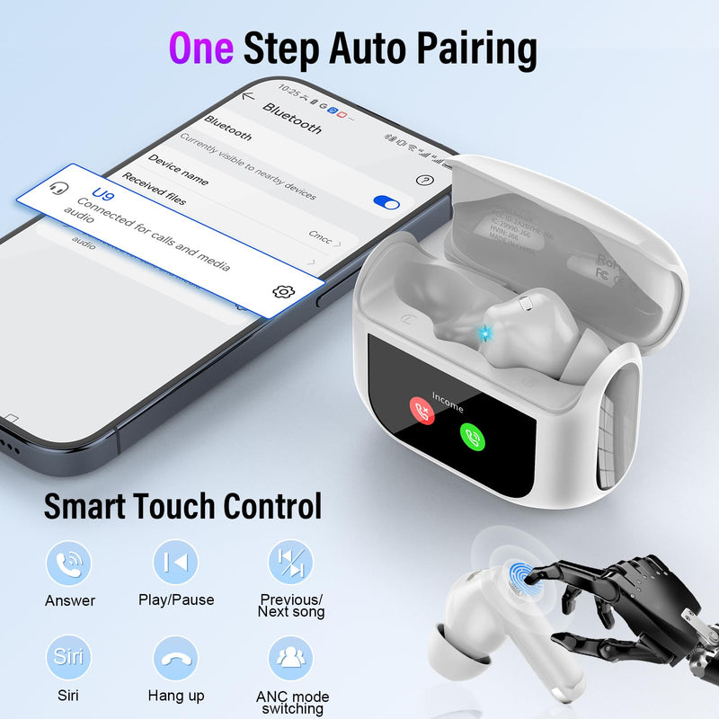 Wireless Earbuds, Bluetooth 5.4 Ear buds with Multifunctional Touch Screen, 48H Bass Stereo Headphones with ANC/ENC Noise Cancelling/Transparency mode, IPX7 Earphones with 5 EQ Modes, Ivory White