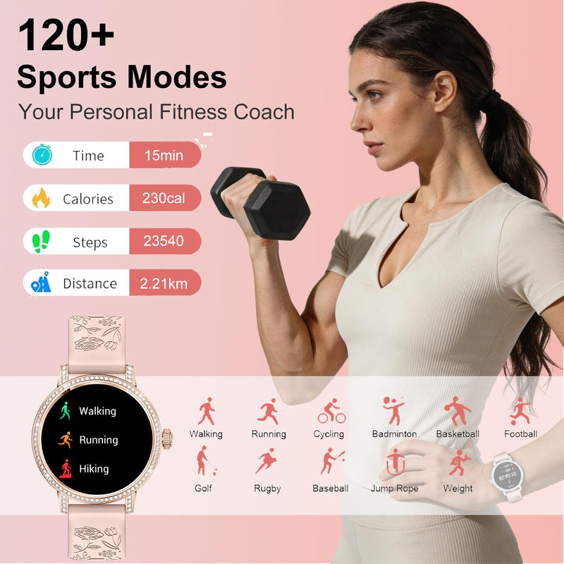 Smart Watches for Women:1.27" HD Smart Watch Bluetooth Calls,3 Bands,BP/Sleep/Steps,120+ Sports Fitness Tracker Android&iOS (Rose Gold)