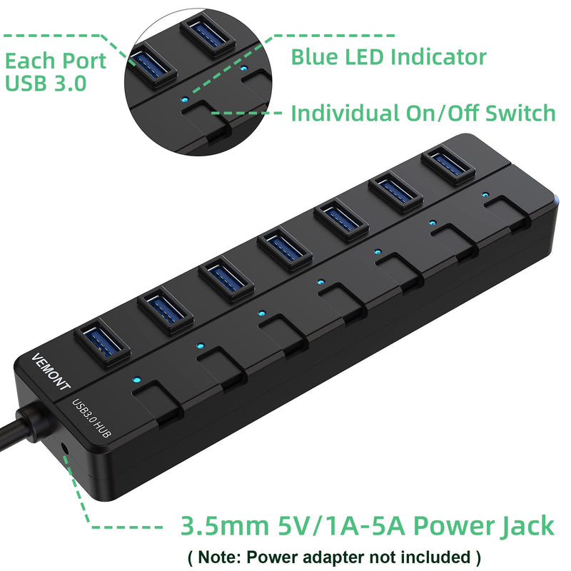 USB hub 3.0,7-Port USB Hub,VEMONT 3.0 USB Splitter with Individual On/Off Switches and Lights, 4ft/1.2m Long Cable USB Extension for Laptop and PC Computer 4ft Black