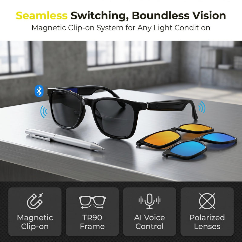 APOPHENIA Smart Bluetooth Glasses,Anti Blue Light/Polarized Magnetic Sunglasses for Men Women,UV400 Protection,Real-time Translation,for Indoor/Outdoor (with Black Lenses)