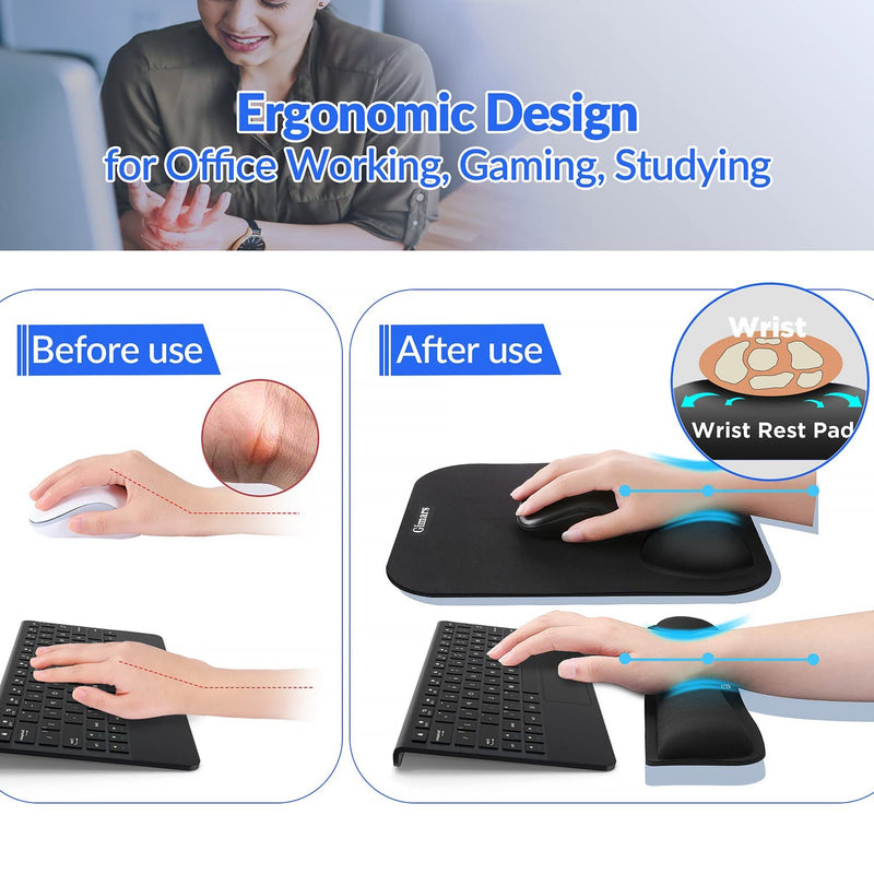 Gimars Elongate Smooth Lycra Fabric Ergonomic Mouse Pad Wrist Support, Gel Memory Foam Cushion Set Keyboard Wrist Rest Support, Pain Relieve for Computer, Laptop, Office, School, Home, Gaming, Black Square Set-black