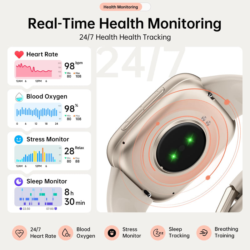 Smart Watches for Women Men, 1.85" HD AMOLED Smart Watch for Android iPhone, 3ATM Waterproof, Bluetooth Calls/Messages, SpO2/Heart Rate Monitor, Sleep Tracker, 120+ Sports Modes Fitness Watch, 2 Bands Beige