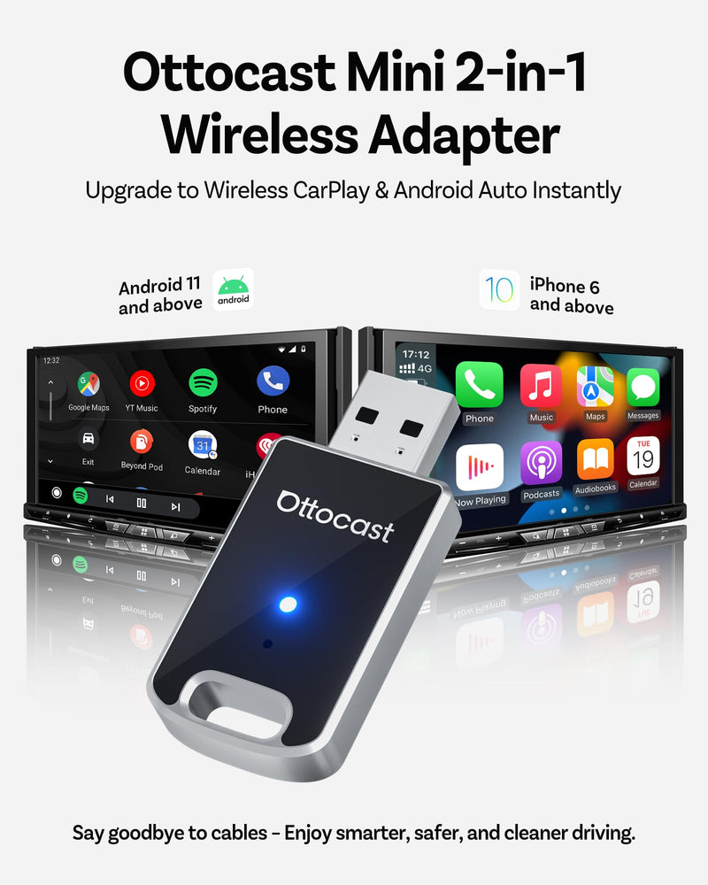 OTTOCAST Mini Edge 2-in-1 Wireless CarPlay & Android Auto Adapter 2026 | Aluminum Body,GPS Passthrough,Auto Reconnect,Plug & Play,iPhone & Android,Seamless Calls,Music & Navigation,Factory Controls