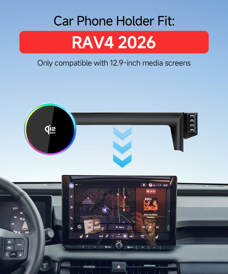 Qi2.2 Max 25W Wireless Charger Car Phone Mount for Toyota RAV4/Hybrid 2026 | 12.9" Screen, Magsafe Accessories Fast Charging Magnetic Cell Phone Holder Clip Compatible with iPhone Android, GPS Bracket for 2026 RAV4/Hybrid(12.9 inch screen only)
